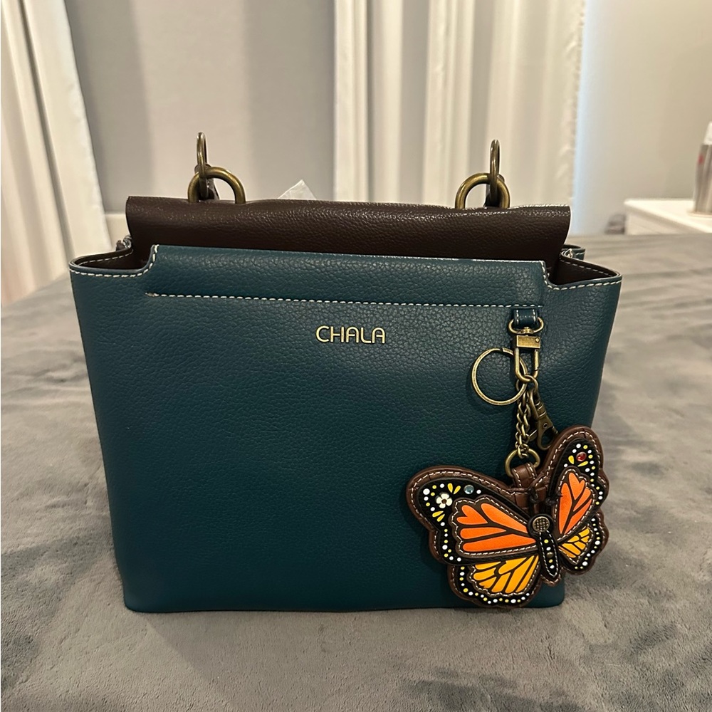 Chala Blue Handbag with Orange Butterfly Accent